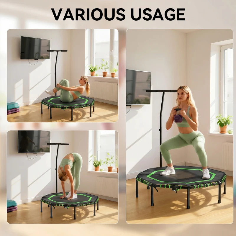 HOMCOM 48" Octagonal Mini Fitness Rebounder Trampoline Indoor Outdoor Foldable Mini Jumper with Adjustable Handle, Green