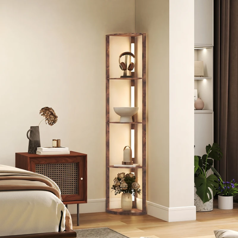 HOMCOM Lampă LED de podea cu rafturi, dimabilă în 5 trepte, lampă modernă de podea cu 3 trepte de luminozitate și comutator de picior, Maro rustic
