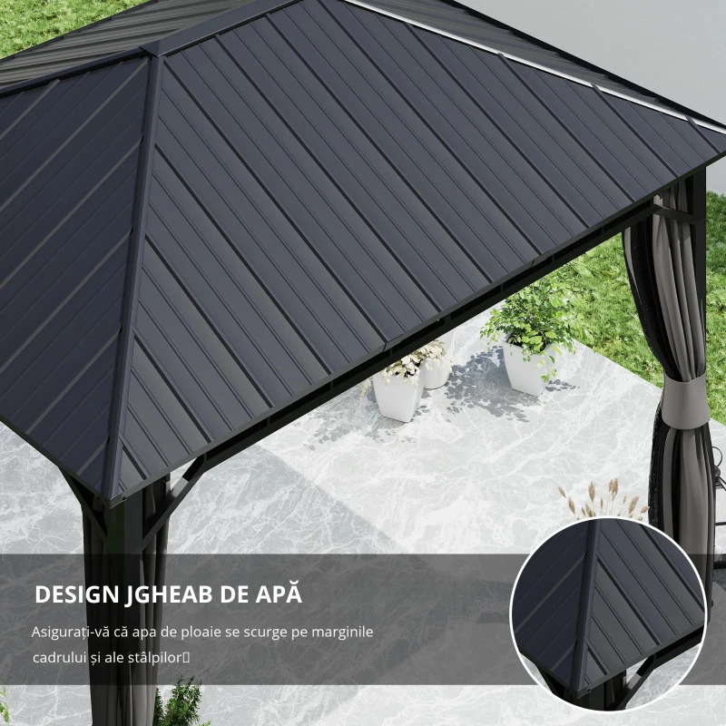 Outsunny Pavilion de grădină, pavilion metalic, impermeabil, rezistent la UV, pavilion pentru terasă cu pereți din plasă și perdele, gri închis