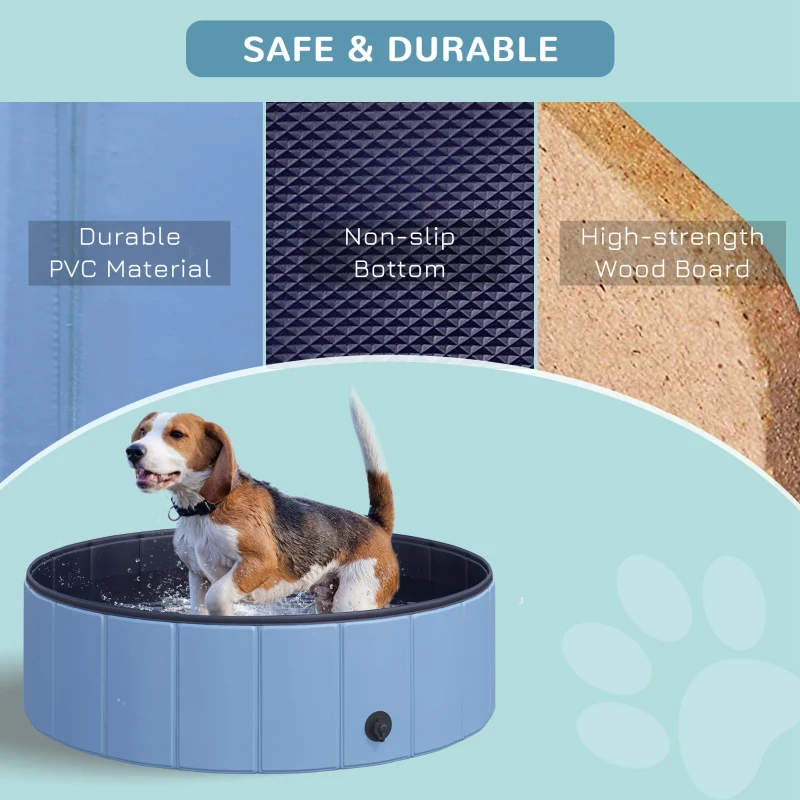 PawHut Foldable Dog Pool for Puppies and Ducks, Thickened PVC Dog Paddling Pool Bath Tub Hard Board, Anti-Slip Bottom and Drainage Hole, 100 x 30cm, Blue