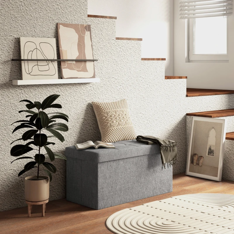 HOMCOM Baú de Arrumação 84L Puff de Arrumação Dobrável Estofado em Linho Sintético com Tampa 76x38x38 cm Cinzento Claro