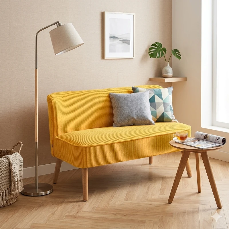 HOMCOM Tweezitsbank in elegant Scandinavisch ontwerp, stevig houten frame, tot 150 kg, 117 x 56,5 x 77 cm, Geel(m-2)