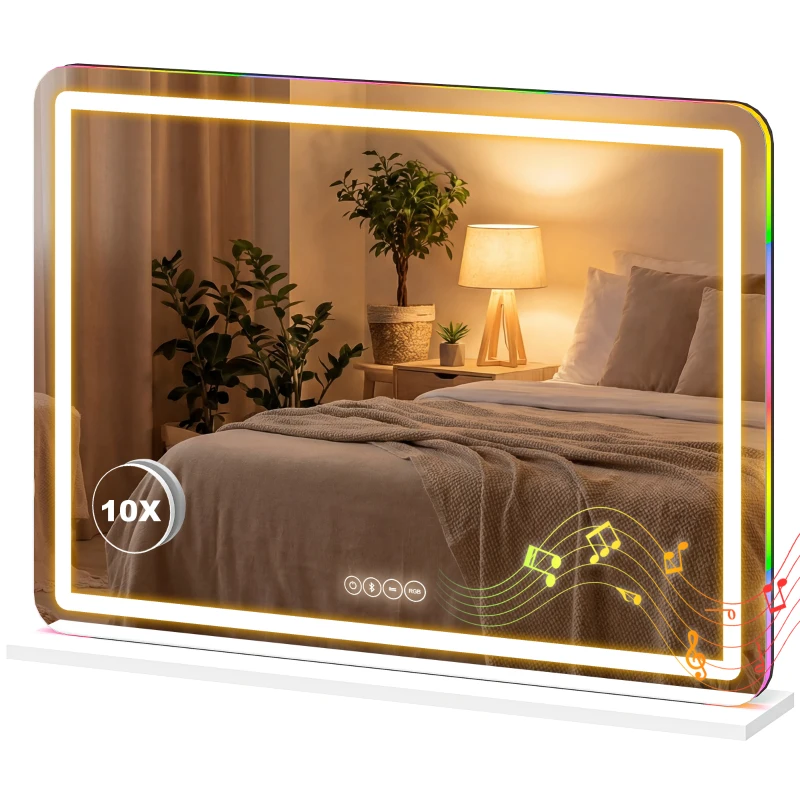 HOMCOM Miroir maquillage lumineux 80x60cm, miroir coiffeuse LED dimmable, lumière RGB, 3 températures de couleur, blanc