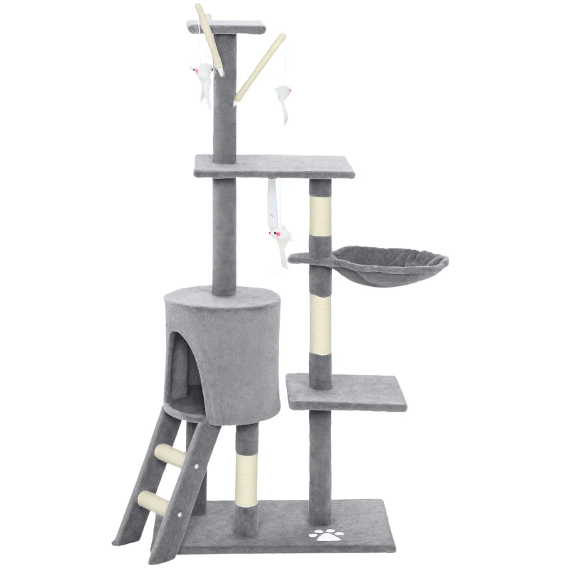 PawHut Kratzbaum Katzenbaum mit Höhle, 4 Spielzeuge, Sisalstämme, große Plattform, Treppe, für Katzen unter 5 kg, Grau