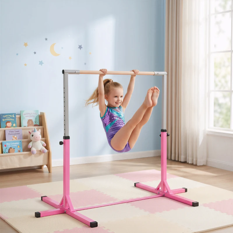 HOMCOM Gymnastikstange für Kinder, höhenverstellbar Turnreck Reckstange, Reck Turnstange für Indoor & Outdoor aus Holz & stabile Stahlkonstruktion bis 75 kg belastbar, für 3+ Kinder, Rosa