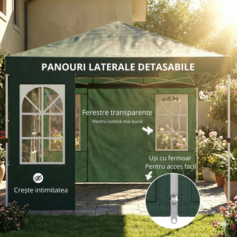 Outsunny Cort Pliabil 3x3 m Pop-up cu UPF50+ 4 Laterale Detașabile Înălțime Reglabilă și Husă de Transport Verde