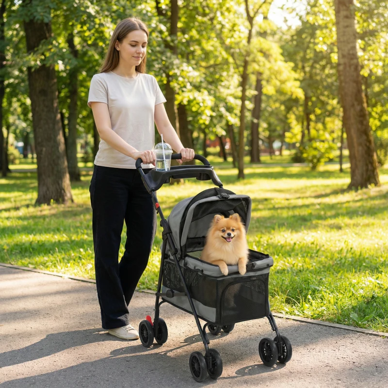 PawHut Hundewagen Faltbar Hundebuggy mit Kissen Netzfenstern Getränkehalter 360° drehbare Räder für kleine Hunde bis 10kg Grau