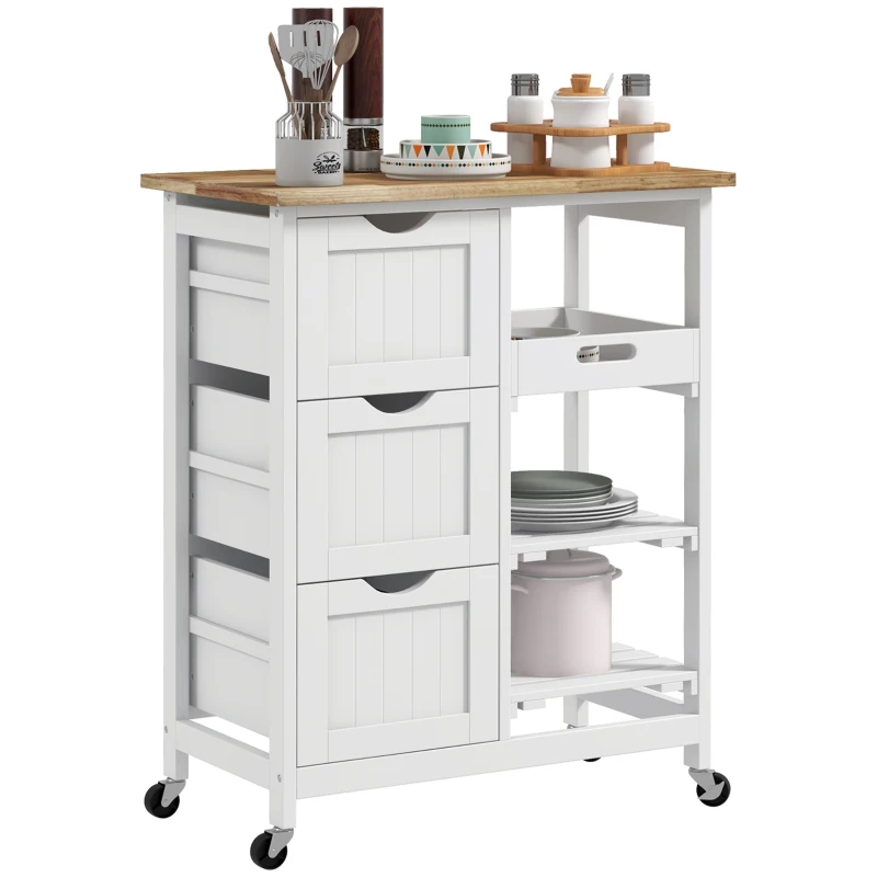 HOMCOM, Carucior de bucatarie, Cu 3 Sertare, MDF, Lemn de cauciuc, 67 x 37 x 85.5 cm, Alb