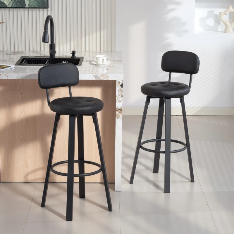HOMCOM 2er-Set Barhocker, Kunstleder-Bezug, gepolsterter Sitz, Fußstütze, Rückenlehne, Metallrahmen, Schwarz