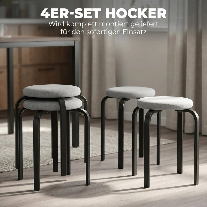 HOMCOM Stapelhocker Set mit 4 Stück, Moderne Gepolsterte Runde Hocker ohne Rückenlehne für Küche, Esszimmer, Grau