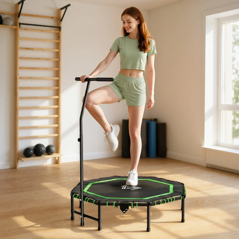 HOMCOM 48" Octagonal Mini Fitness Rebounder Trampoline Indoor Outdoor Foldable Mini Jumper with Adjustable Handle, Green
