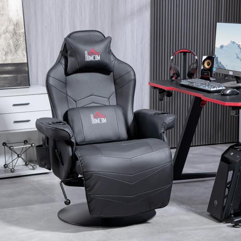 HOMCOM Gamingsessel, Massagefunktion, neigbare Lehne, Fußstütze, bis 120 kg, Stahlrahmen, Kunstleder, Schwarz(m-10)