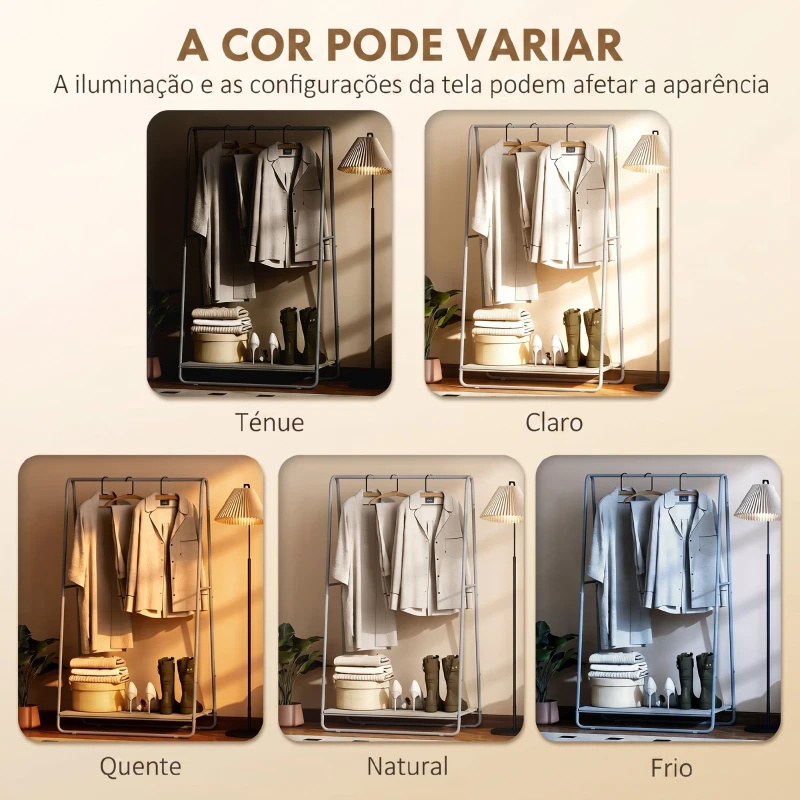 HOMCOM Charriot com Prateleira para Sapatos Barras Superior e Laterais Estrutura de Metal 80x44x140 cm Madeira e Cinzento