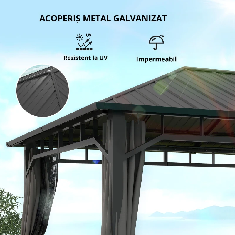 Outsunny Pavilion de grădină, pavilion metalic, impermeabil, rezistent la UV, pavilion pentru terasă cu pereți din plasă și perdele, gri închis