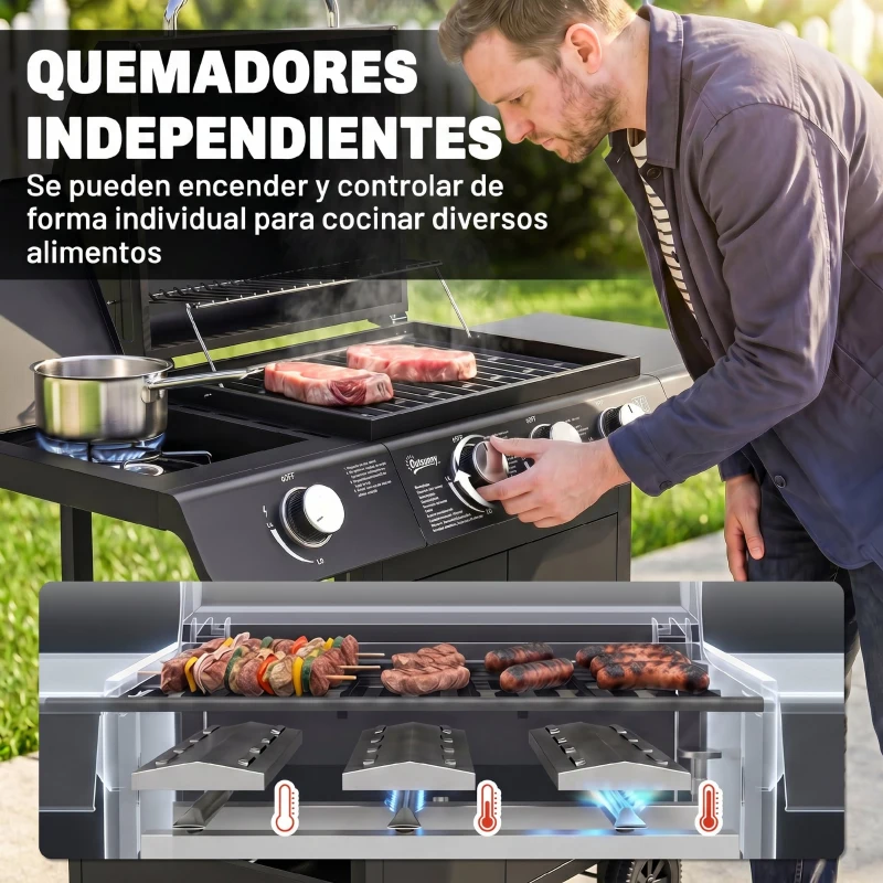 Outsunny Barbacoa de Gas BBQ con 3+1 Quemadores 11,6 KW 2 Mesas Laterales Armario de 2 Puertas Termómetro y 2 Ruedas Acero Inoxidable 110x50x100 cm Negro