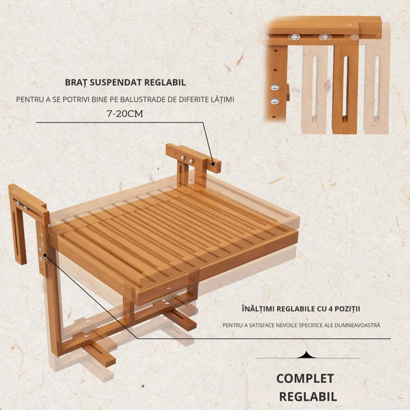 Outsunny Masă Suspendată de Exterior, Masă Reglabilă pentru Balustradă, Blat Suport cu Montare pe Perete, 68x65x40,5-55 cm, Tec
