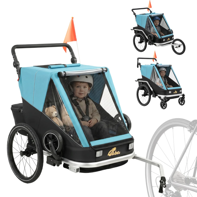 AIYAPLAY Remorque vélo pour enfants, 2 places, remorque vélo enfant 2-en-1 pliable avec siège réglable et harnais, Bleu