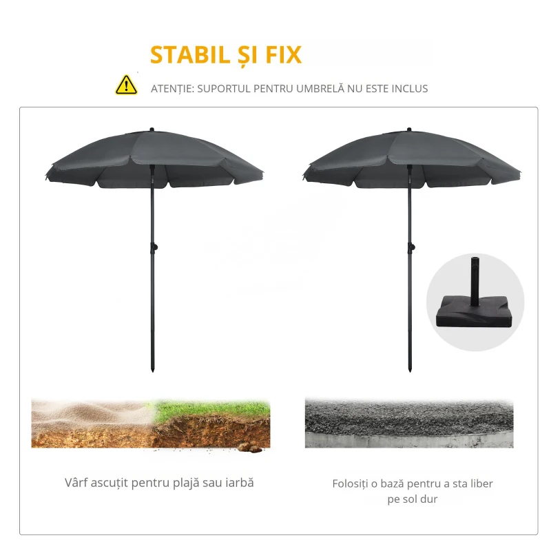 Outsunny Umbrela de soare pentru plaja din Poliester si Otel cu 8 Nervuri, cu Tetiera care se Inclina la 45° si Design in 2 Sectiuni, Ø180x209 cm, Gri