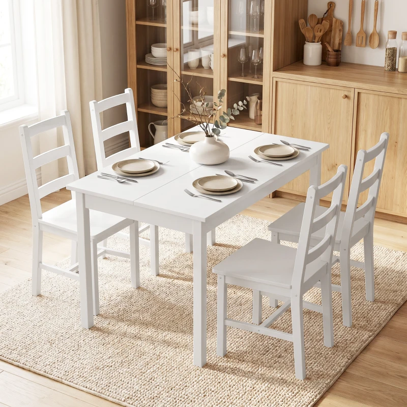 HOMCOM Set da Pranzo 5 Pezzi per 4 Persone, Tavolo Rettangolare e Sedie in Legno Massiccio, per Spazi Piccoli, Bianco