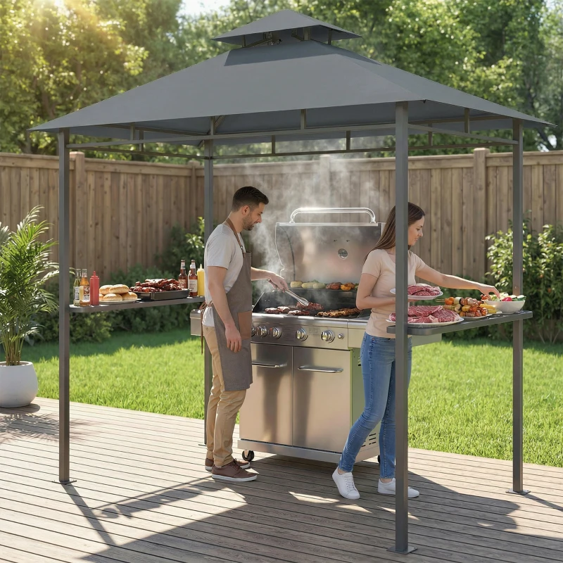 Outsunny Grillpavillon 2,4 x 1,4 m, Windfest Grillüberdachung mit Doppeldach Lüftungsöffnung Seitenregalen
