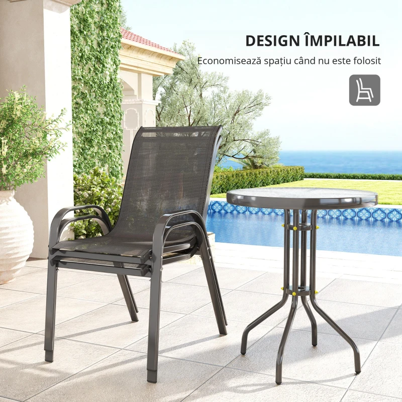 Outsunny Set de Grădină 3 Piese cu 2 Scaune de Grădină 54x71x93 cm și Măsuță Rotundă Ø60x71 cm din Oțel Negru