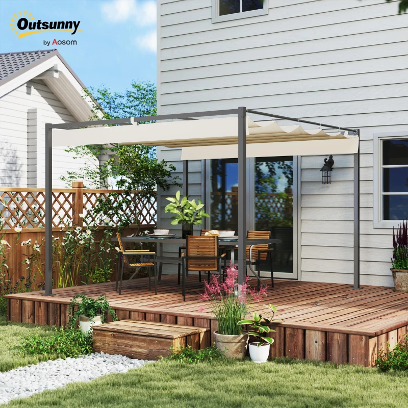 Outsunny Pergolă de grădină 3 x 3 m cu acoperiș retractabil, pavilion, copertină pentru umbră, UPF30+, bej