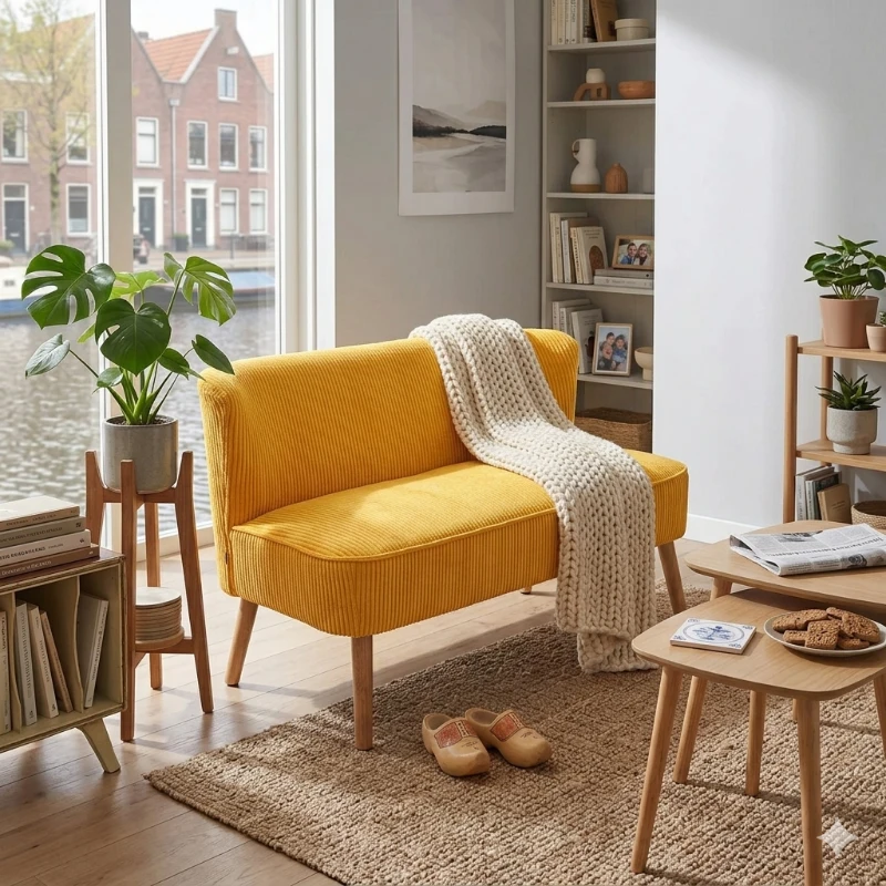 HOMCOM Tweezitsbank in elegant Scandinavisch ontwerp, stevig houten frame, tot 150 kg, 117 x 56,5 x 77 cm, Geel(m-11)