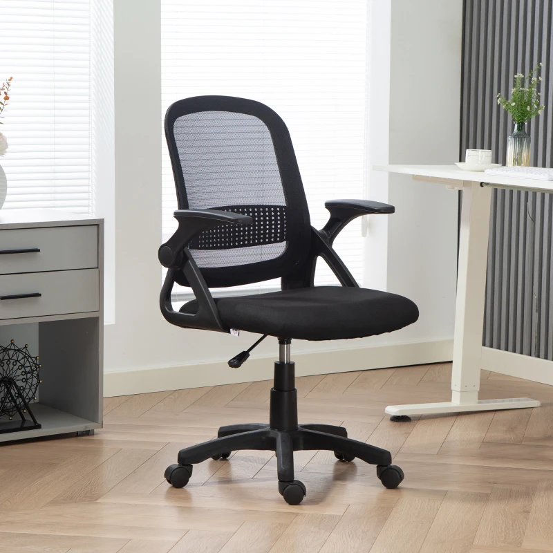HOMCOM Atmungsaktiver Mesh-Bürostuhl, Ergonomischer Drehstuhl mit klappbaren Armlehnen und Lendenwirbelstütze, Schwarz