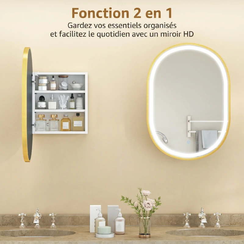 HOMCOM Armoire murale salle de bain avec miroir et éclairage LED, porte ovale, anti-buée, 50x14,5x70cm, doré
