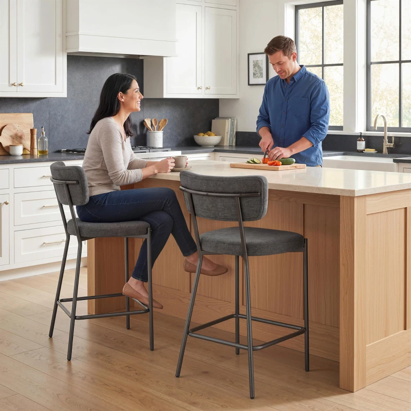 HOMCOM Barhocker im 2er-Set, Polster-Barstühle mit geschwungener Rückenlehne, für Kücheninsel, Frühstücksbereich, Grau