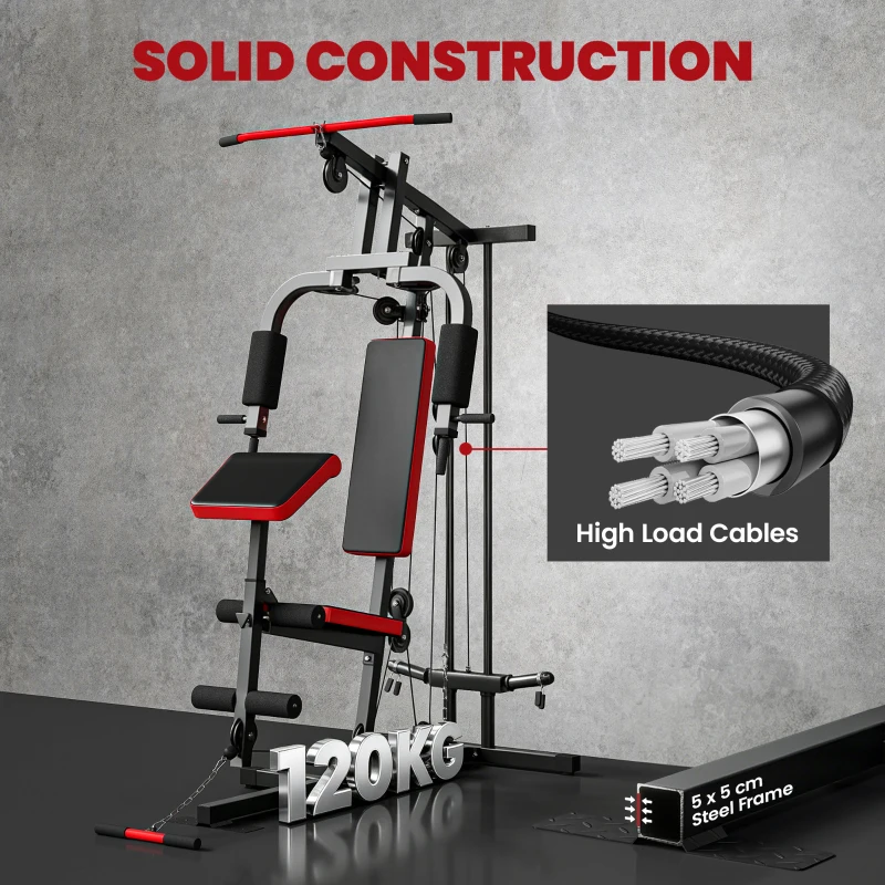 SPORTNOW Station de Musculation Multifonction à Disques Libres, avec Banc Amovible, 136x107x205cm, Noir et Rouge