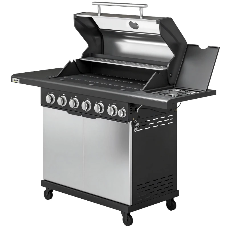 Outsunny 6+1 Burner Gas BBQ Grill, Outdoor Barbecue Trolley with Wheels, Warming Rack, Thermometer, Bottle Opener, Silver Tone