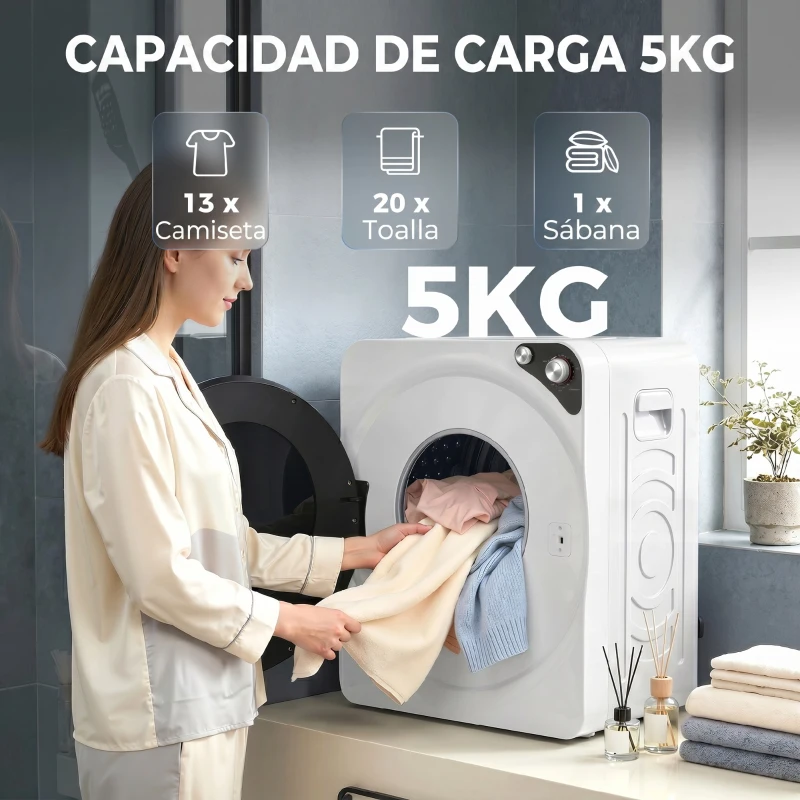 HOMCOM Secadora de Ropa Compacta  5 kg 1000W con 5 Modos de Secado Tambor de Acero Inoxidable Blanco