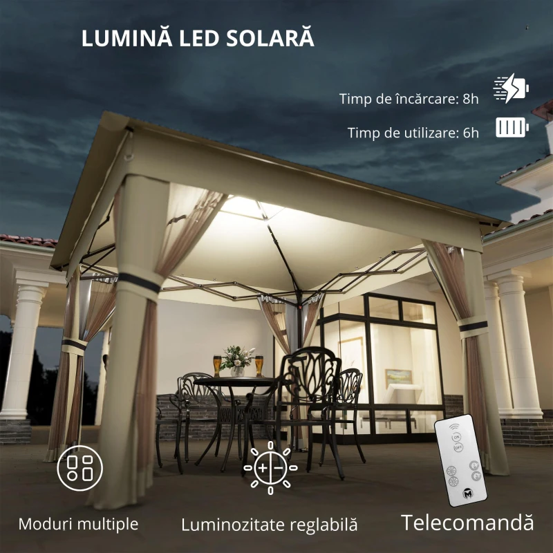 Outsunny Pavilion 3,3x3,3m rezistent la apă pop-up pliabil cu LED, acoperiș dublu, plasă anti-țânțari, 4 părți laterale, geantă