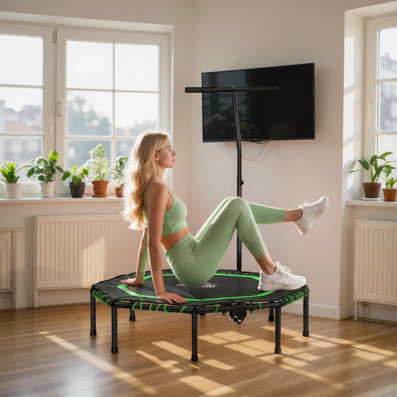 HOMCOM 48" Octagonal Mini Fitness Rebounder Trampoline Indoor Outdoor Foldable Mini Jumper with Adjustable Handle, Green