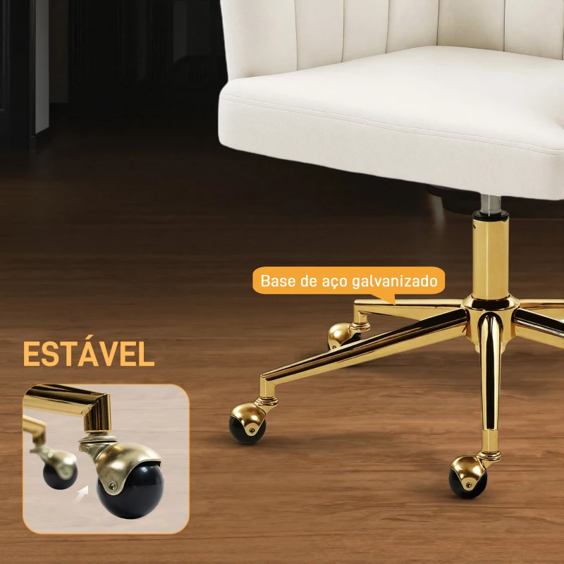 HOMCOM Cadeira de Escritório com Rodas Assento Acolchoado de Veludo Largura Ajustável Espuma de Alta Resiliência 61x60x83,5-92,5 cm Creme