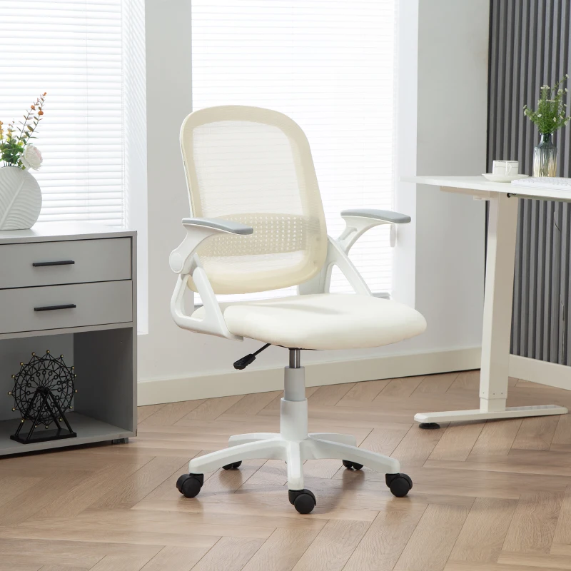 HOMCOM Atmungsaktiver Mesh-Bürostuhl, Ergonomischer Drehstuhl mit klappbaren Armlehnen und Lendenwirbelstütze, Weiß