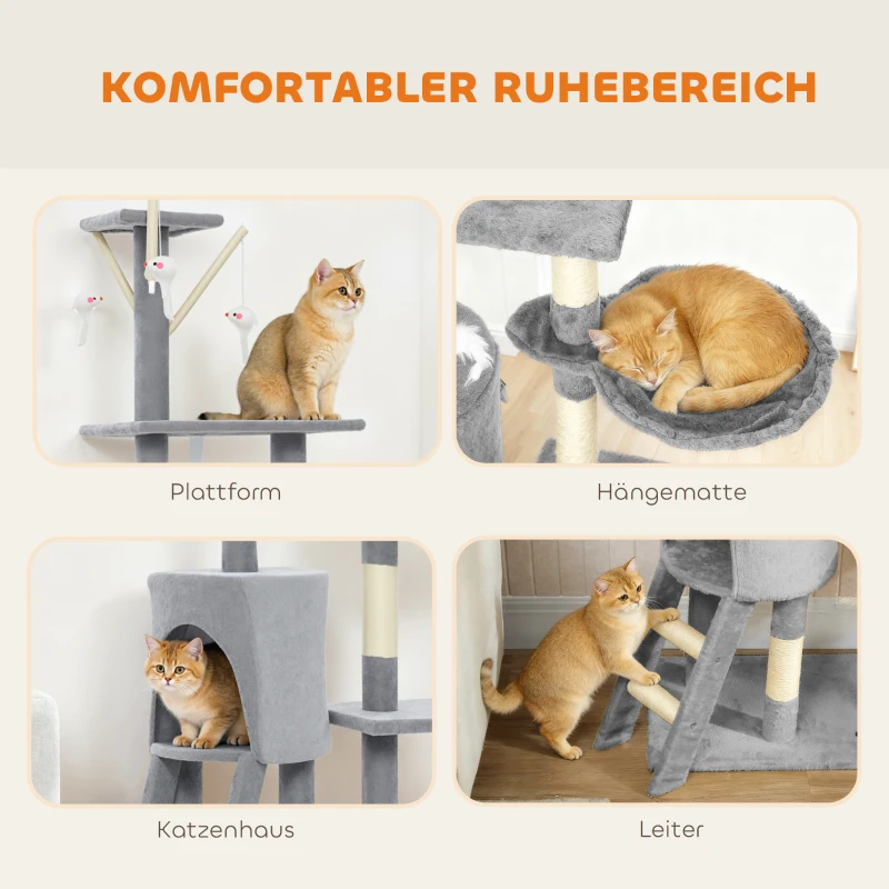 PawHut Kratzbaum Katzenbaum mit Höhle, 4 Spielzeuge, Sisalstämme, große Plattform, Treppe, für Katzen unter 5 kg, Grau