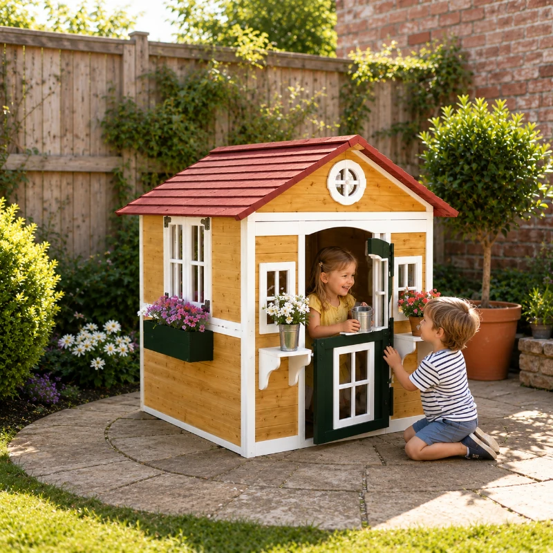 Outsunny Wooden Playhouse with Doors, Windows, Plant Pots, Boxes, for 3-8 Years - Beige