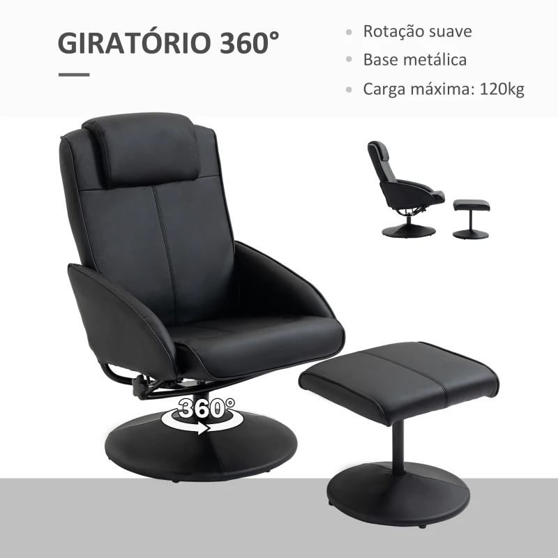 HOMCOM Poltrona Relax Reclinável até 145° com Banco de Apoio para os Pés Estofada em PU e Estrutura de Aço 78x67x98 cm Preto