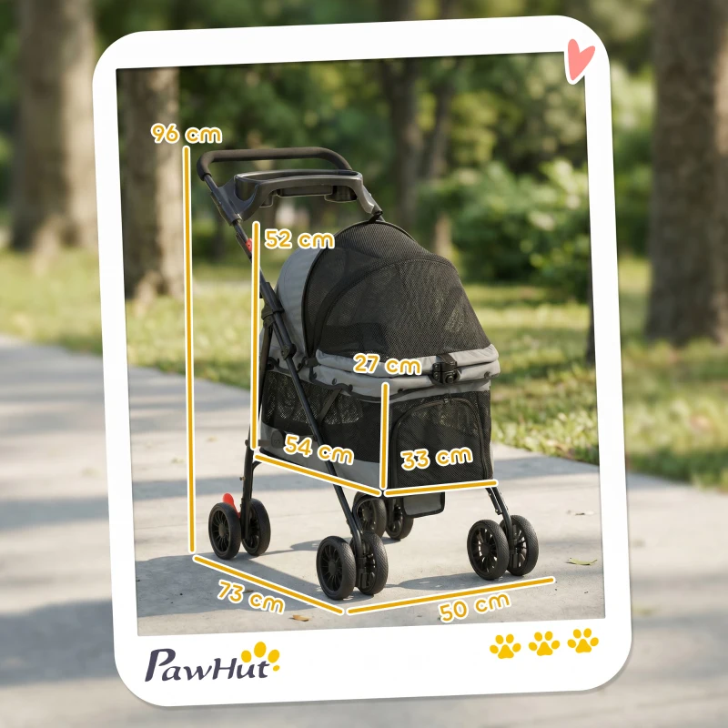 PawHut Hundewagen Faltbar Hundebuggy mit Kissen Netzfenstern Getränkehalter 360° drehbare Räder für kleine Hunde bis 10kg Grau