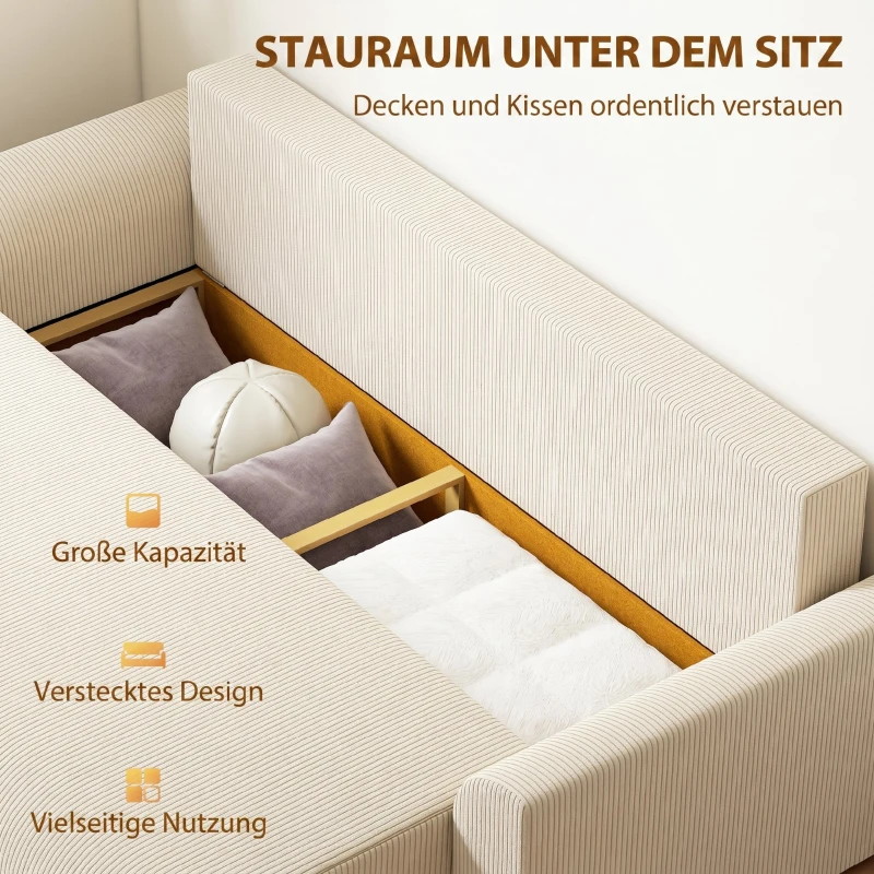 HOMCOM Schlafsofa 230 cm 3-Sitzer Sofa mit Schlaffunktion, Kissen, Stauraum, Cordstoff, Nosagunterfederung, für Wohnzimmer, Beige