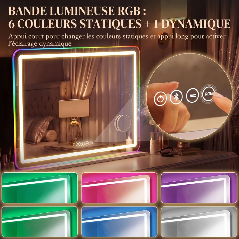 HOMCOM Miroir maquillage lumineux 80x60cm, miroir coiffeuse LED dimmable, lumière RGB, 3 températures de couleur, blanc