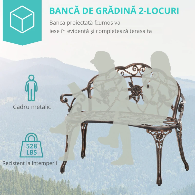 Outsunny Bancă de grădină 2 locuri din metal, bancă în stil retro, bancă de parc cu model floral 100 x 54 x 78 cm, Bronz