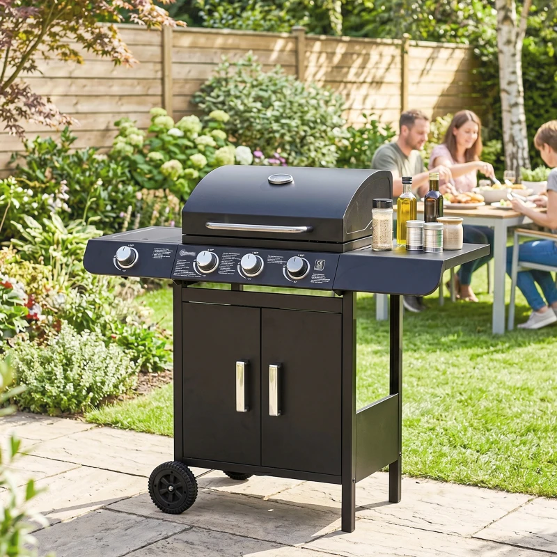 Outsunny Barbacoa de Gas BBQ con 3+1 Quemadores 11,6 KW 2 Mesas Laterales Armario de 2 Puertas Termómetro y 2 Ruedas Acero Inoxidable 110x50x100 cm Negro