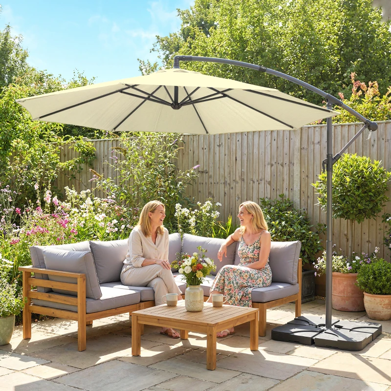 Outsunny 3m Overhanging Parasol, with Base, Weights and Cover - Sand brown