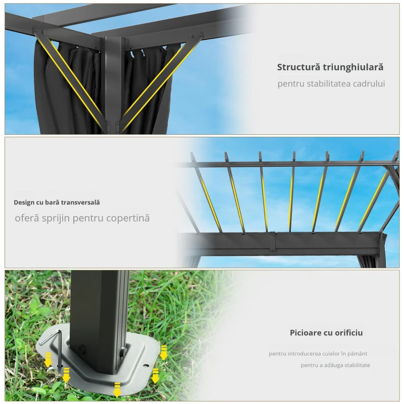 Outsunny Pergolă aprox. 3,6 x 3 m, pavilion de grădină, copertină din aluminiu cu acoperiș reglabil, gri închis