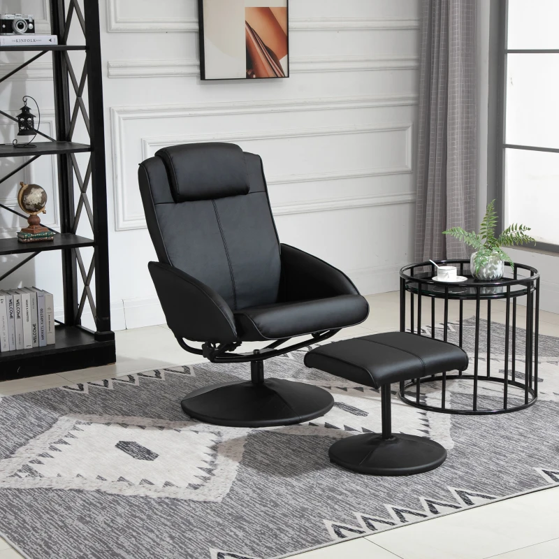HOMCOM Poltrona Relax Reclinável até 145° com Banco de Apoio para os Pés Estofada em PU e Estrutura de Aço 78x67x98 cm Preto