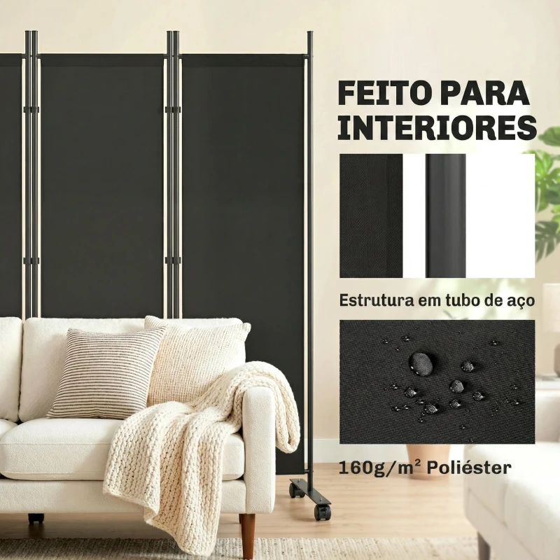 Outsunny Biombo Dobrável de 5 Painéis com 12 Rodas 252x170 cm Biombo Separador de Ambientes Preto