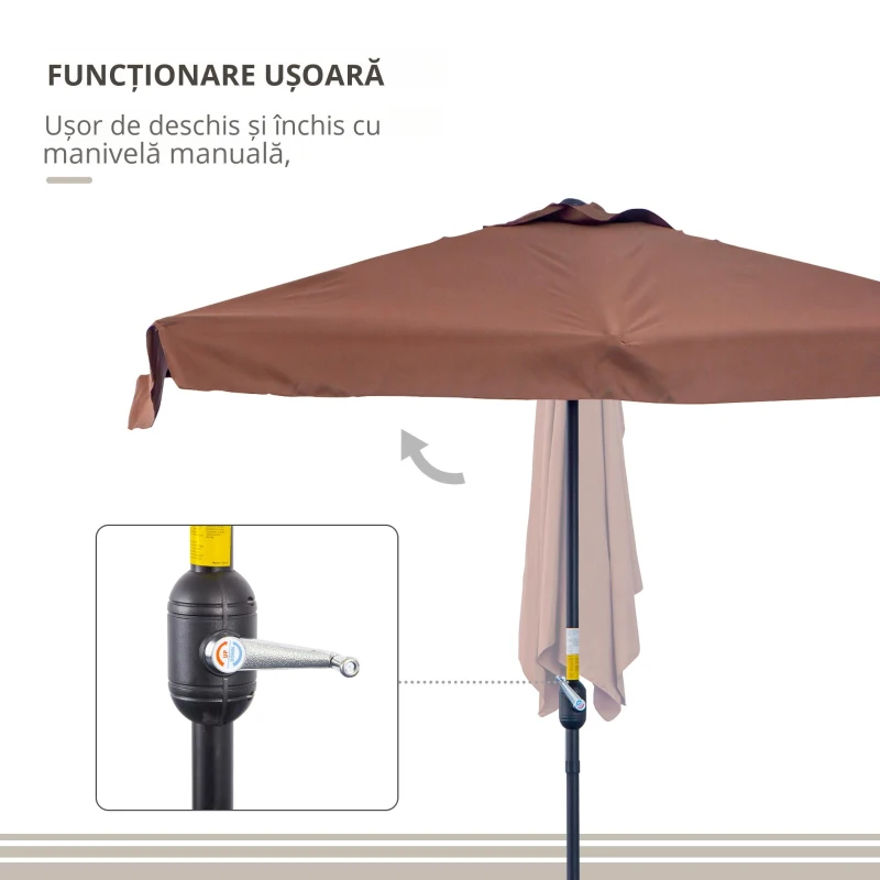 Umbrela de soare Semicirculara Outsunny pentru Terasa si Gradina, Umbrela de soare Semiluna pentru Perete cu Manivela, 230x130x249cm, Culoare Cafea